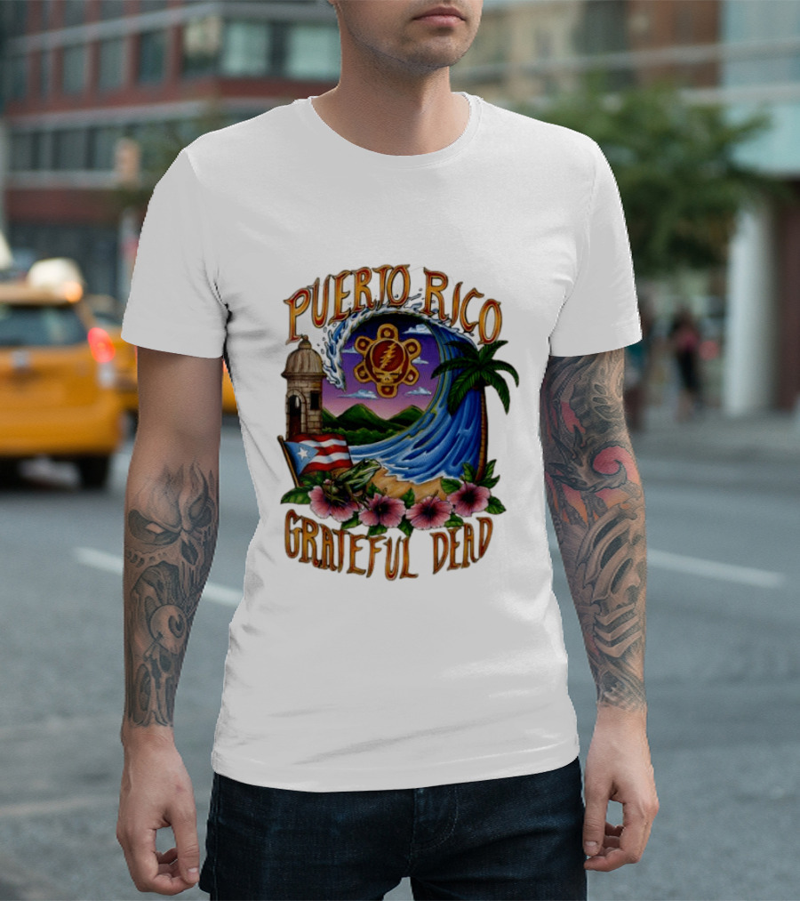 Puerto Rico Grateful Dead Tropical Wave With Hibiscus And Flag T-Shirt