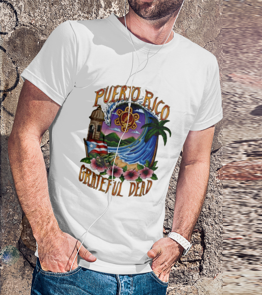 Puerto Rico Grateful Dead Tropical Wave With Hibiscus And Flag T-Shirt