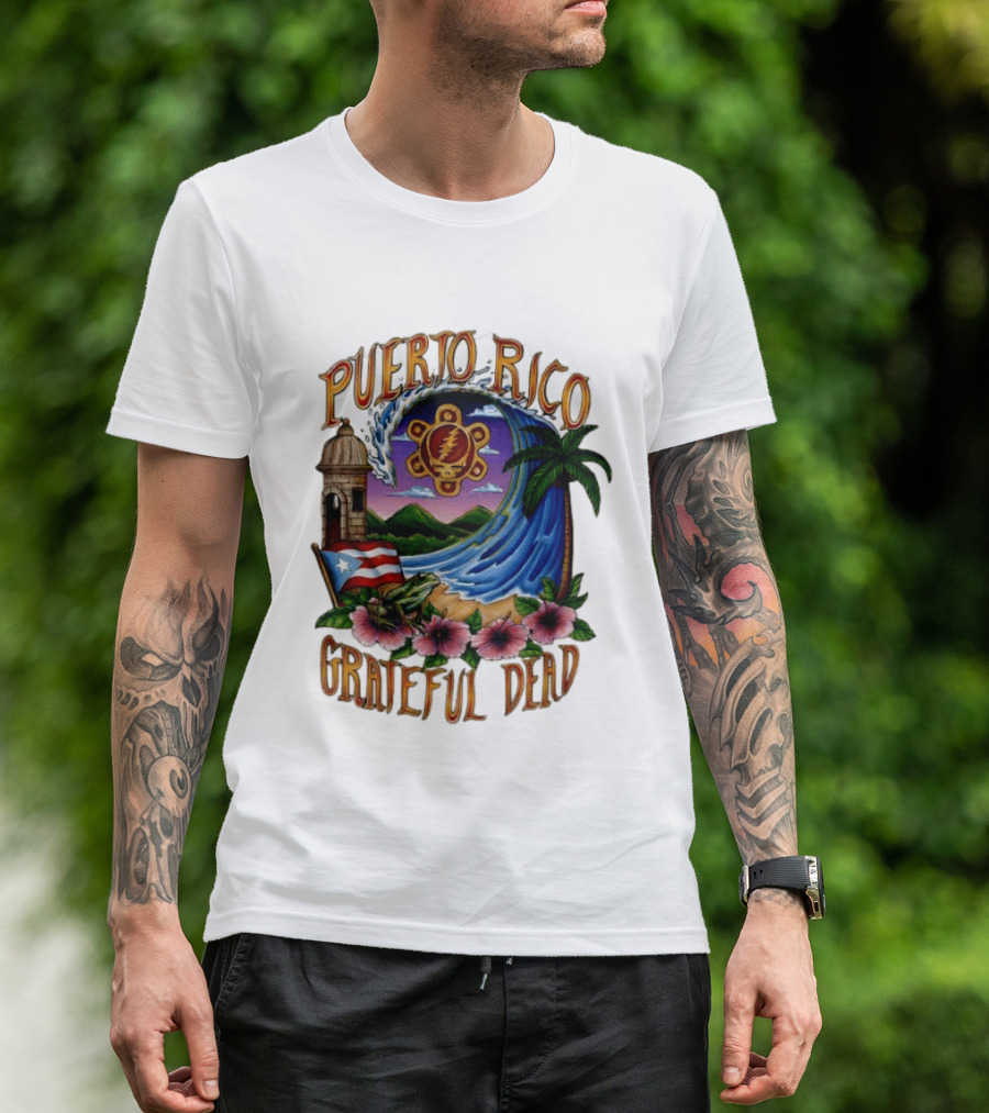 Puerto Rico Grateful Dead Tropical Wave With Hibiscus And Flag T-Shirt