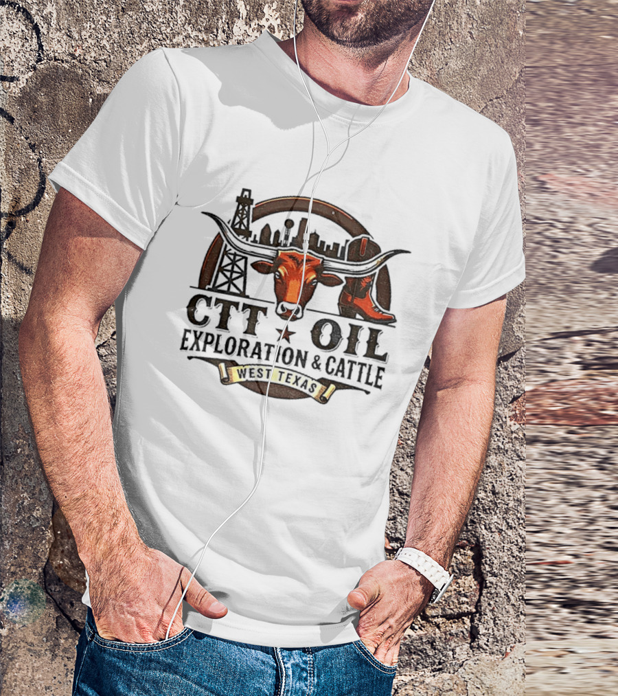 West Texas Longhorns CTT Oil Exploration And Cattle Skyline And Boot T-Shirt