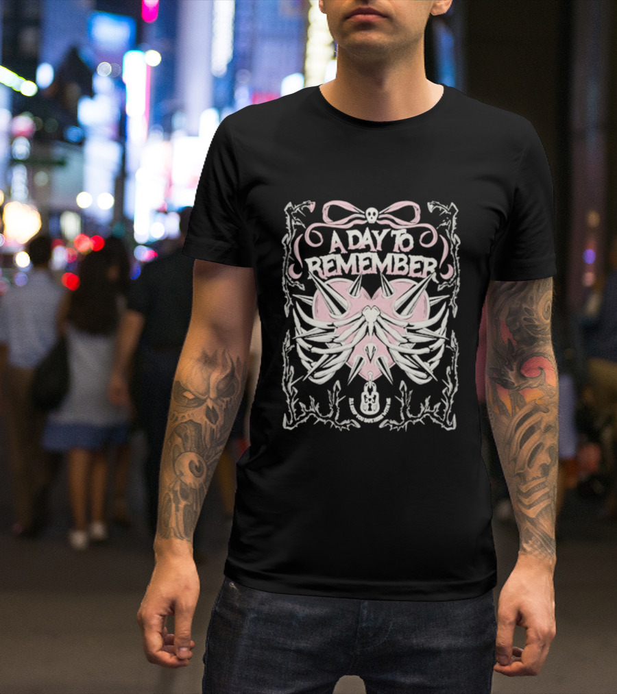 A Day To Remember Spiked Heart Pink Bow Skull Ribcage T-Shirt