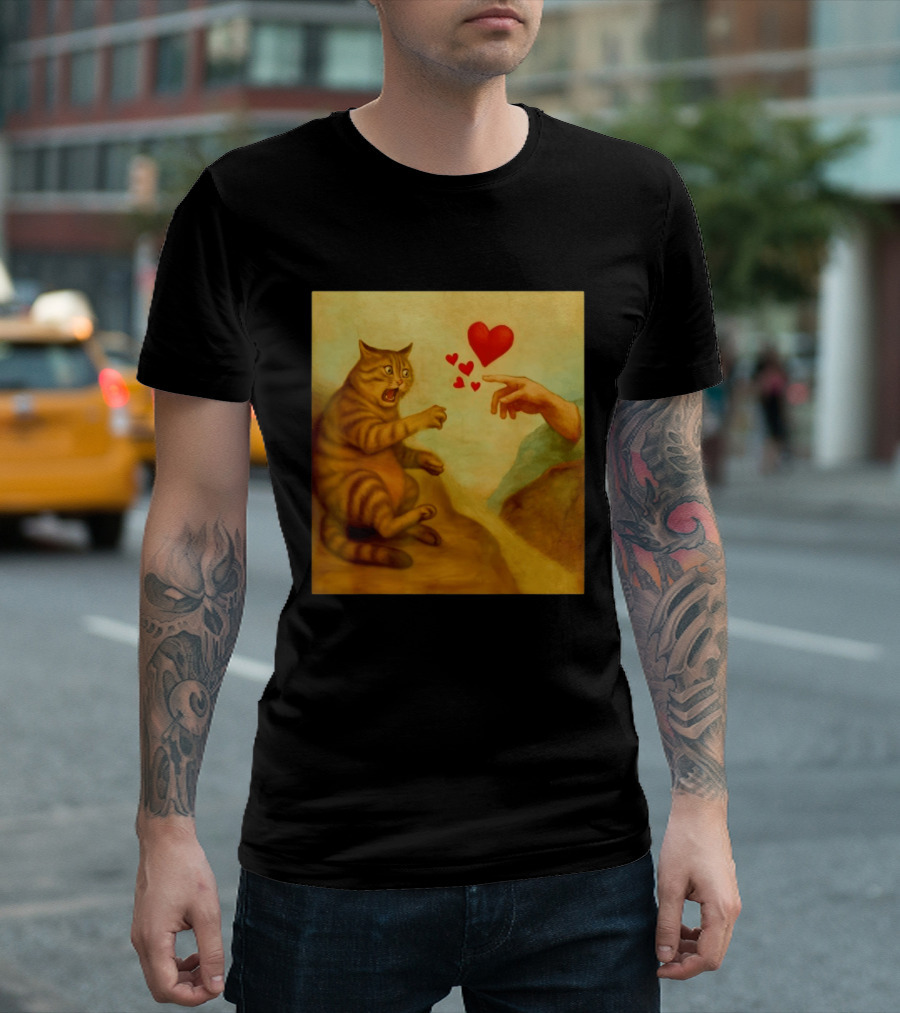 Cat Swatting God's Hand Surrounded By Hearts T-Shirt