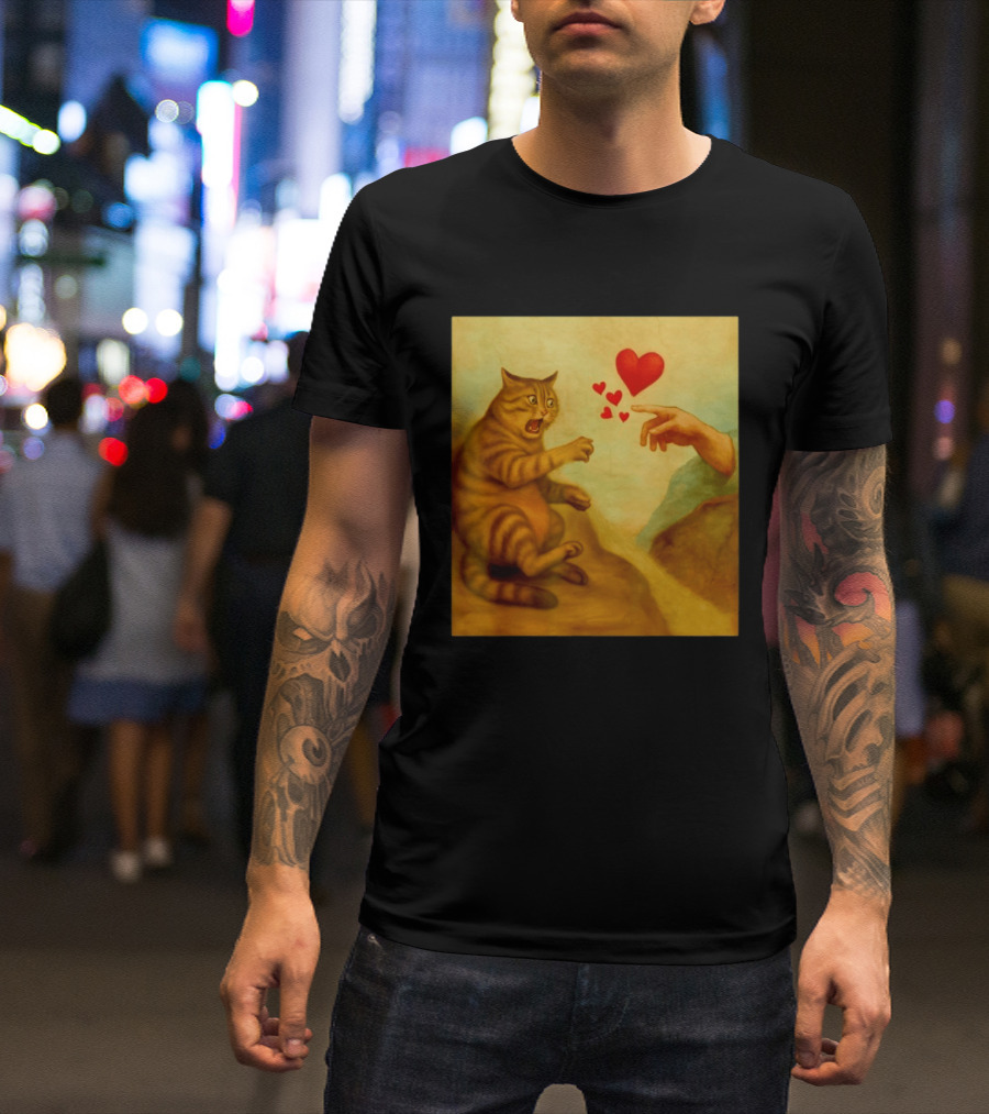 Cat Swatting God's Hand Surrounded By Hearts T-Shirt