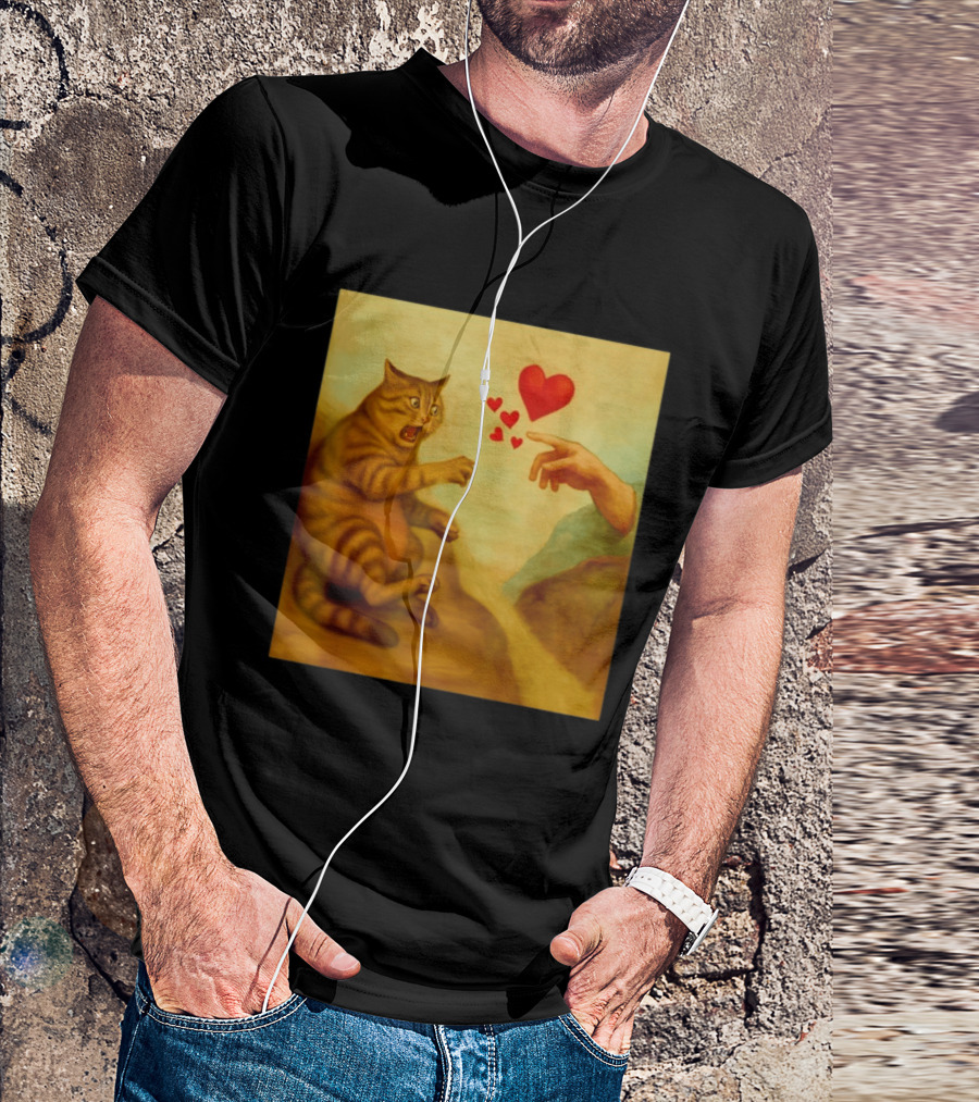 Cat Swatting God's Hand Surrounded By Hearts T-Shirt