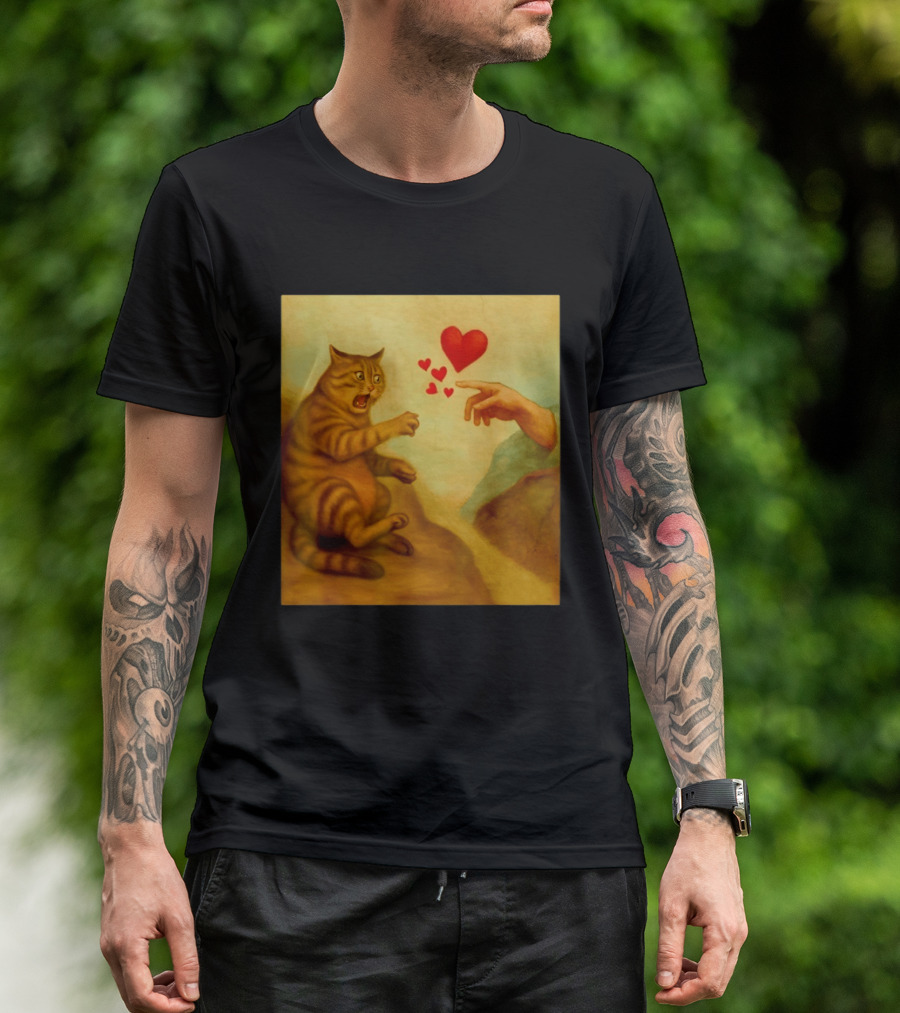 Cat Swatting God's Hand Surrounded By Hearts T-Shirt