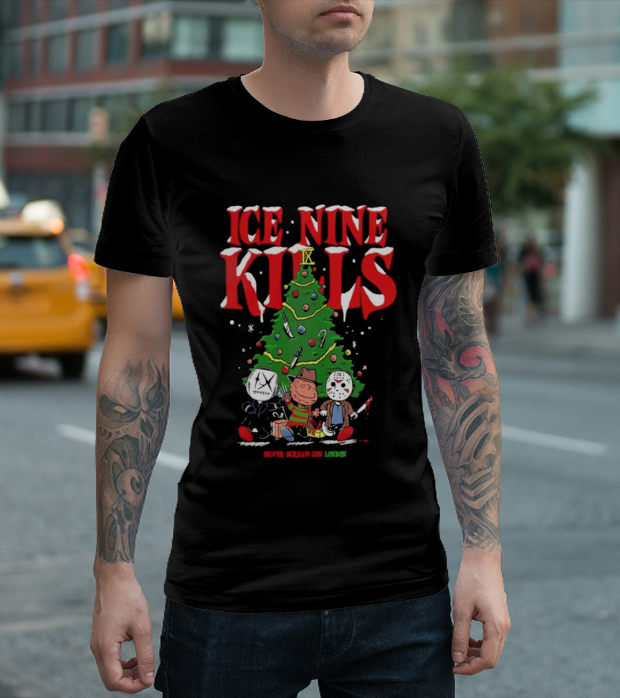 Ice Nine Kills Silver Scream Con Festive Horror Villains Christmas Tree T-Shirt