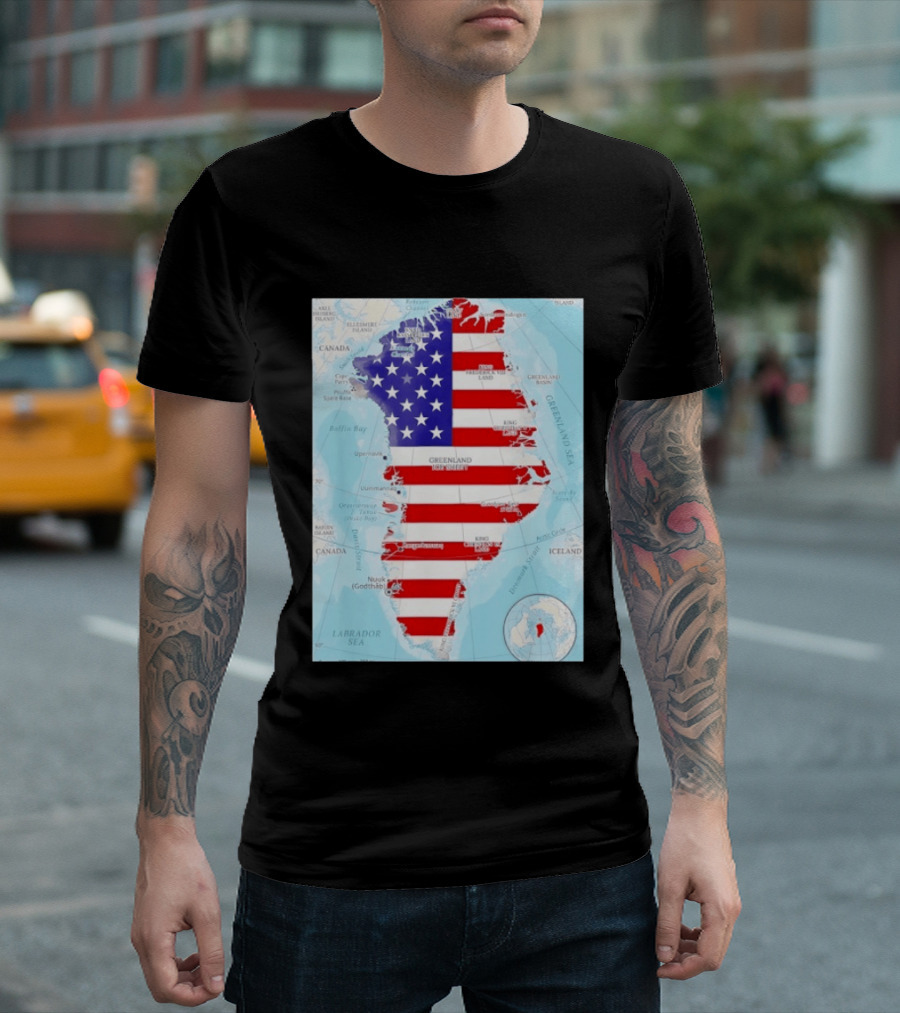USA Flag Over Greenland Map American Patriot T-Shirt