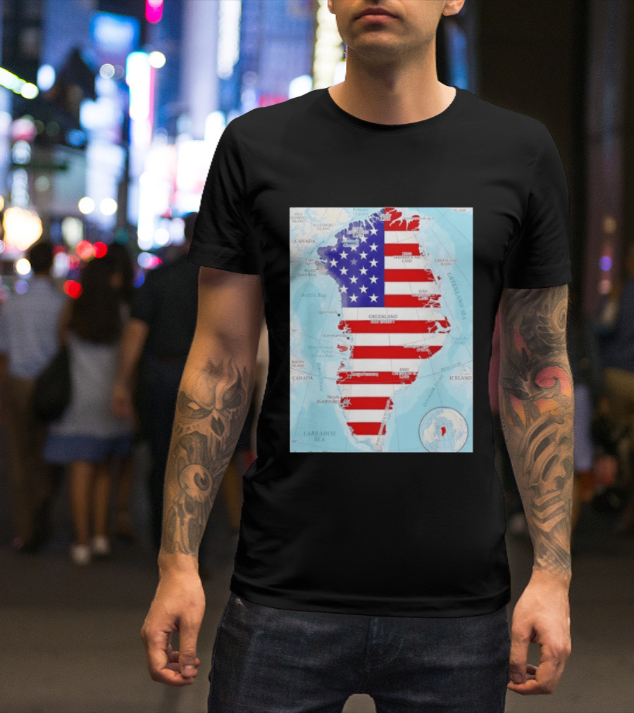 USA Flag Over Greenland Map American Patriot T-Shirt