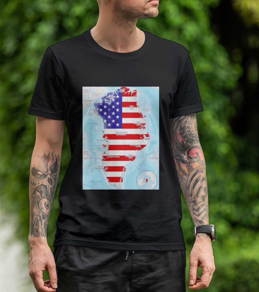 USA Flag Over Greenland Map American Patriot T-Shirt