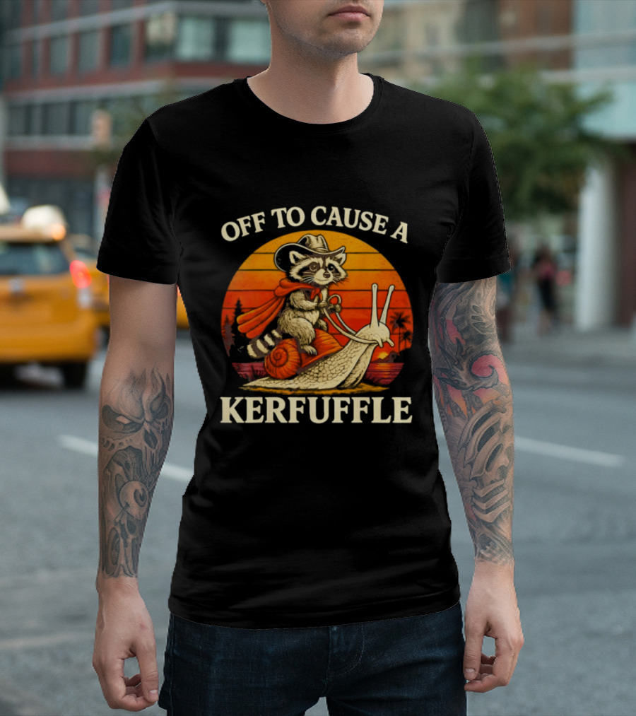 Off To Cause A Kerfuffle Raccoon Riding Snail Cowboy Adventure T-Shirt