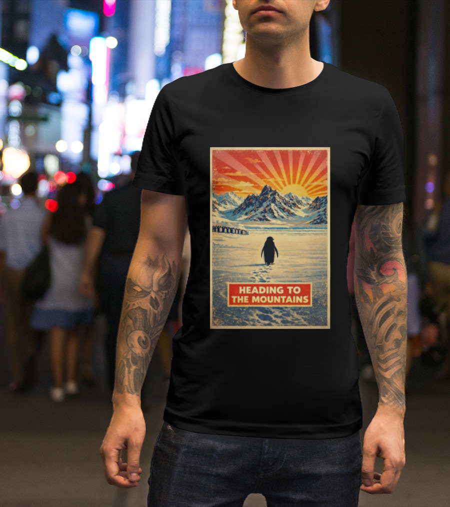 Penguin Journey Heading To The Mountains Sunrise T-Shirt