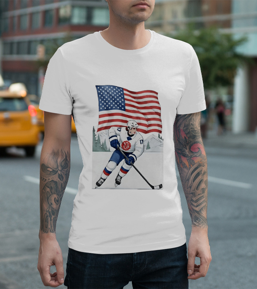 USA Hockey Player Number 17 American Flag Winter Olympics T-Shirt