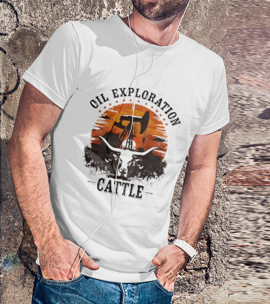 Oil Exploration Cattle Retro Vintage Pumpjack Sunset Scene T-Shirt