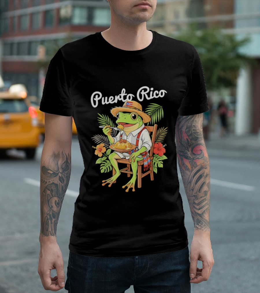 Puerto Rico Coqui Frog Eating Mofongo Taino Boricua Flag Hispanic T-Shirt