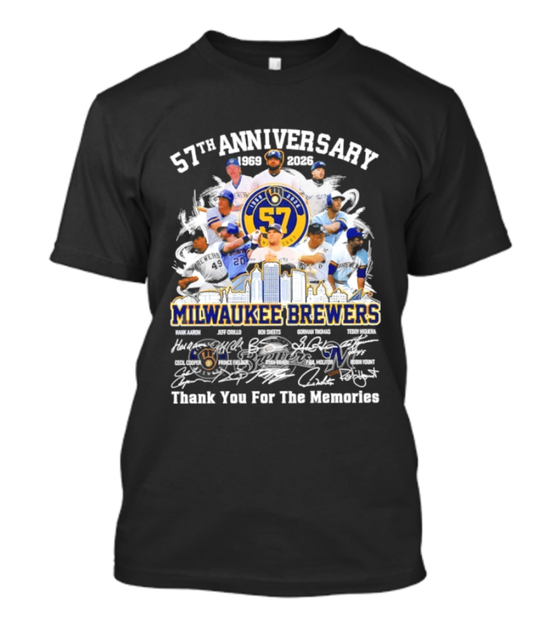 Milwaukee Brewers 57th Anniversary 1969 2023 Thank You For The Memories Signatures T-Shirt