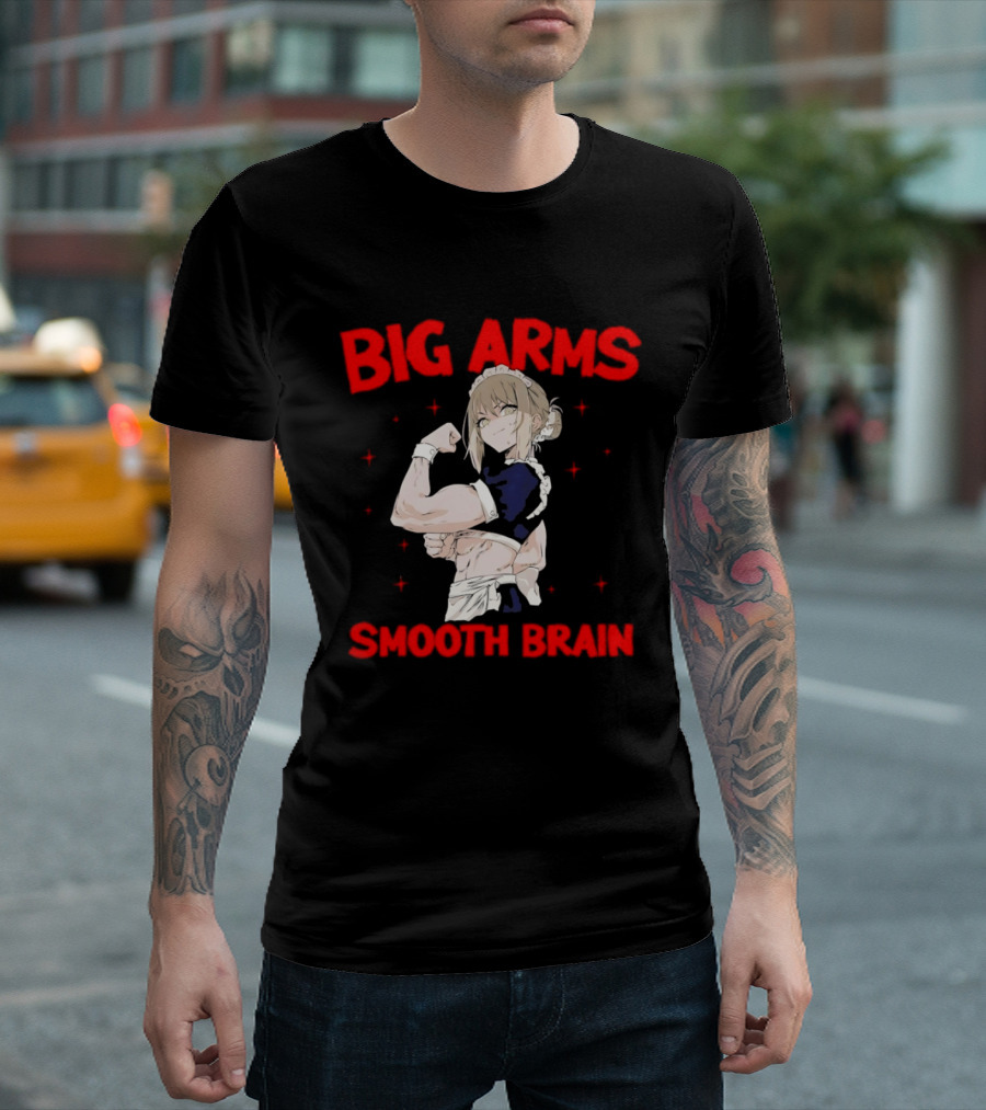 Big Arms Smooth Brain Anime Maid Flexing Strong Muscles T-Shirt