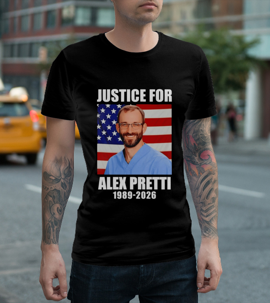 Justice For Alex Pretti 1989 2026 American Flag Anti Trump Political Protest T-Shirt