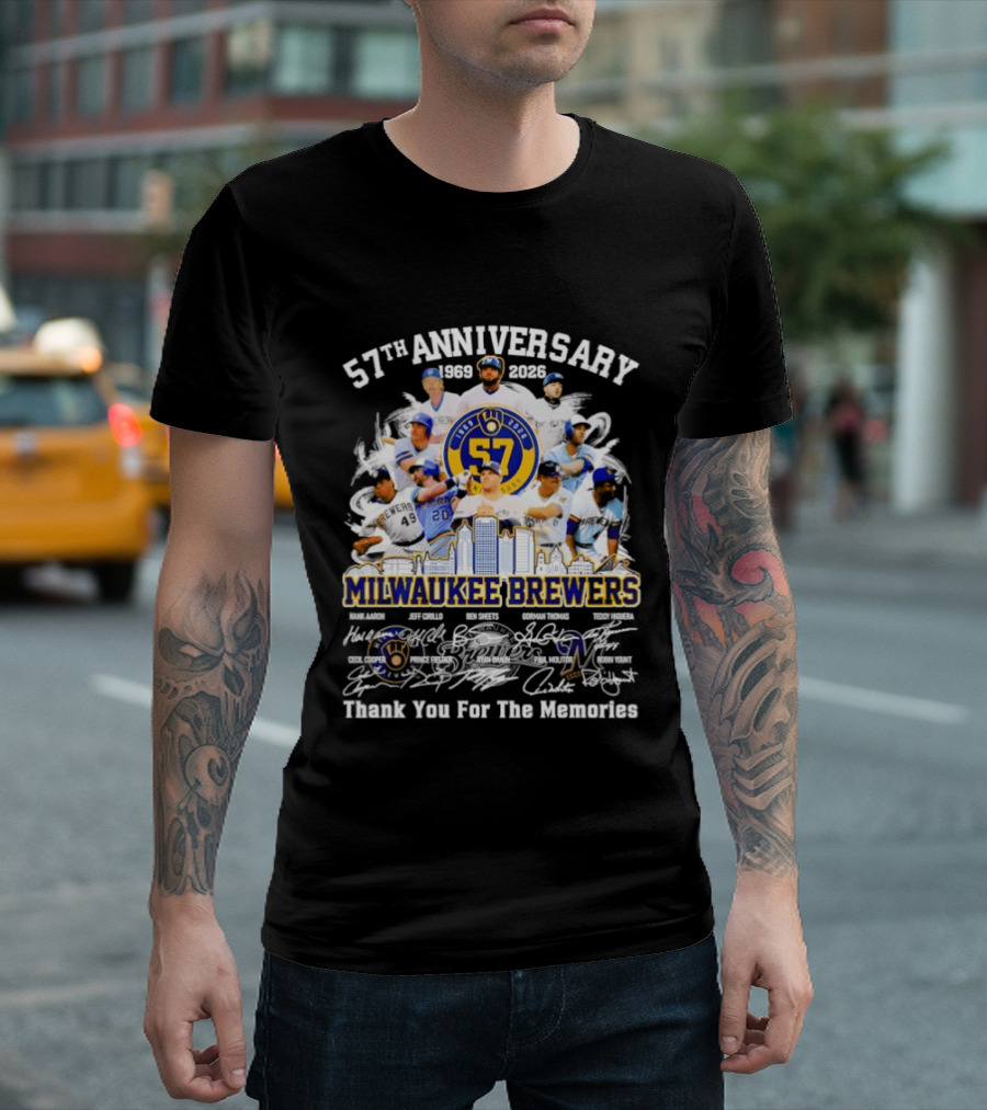 Milwaukee Brewers 57th Anniversary 1969 2026 Players City Skyline Thank You For The Memories T-Shirt