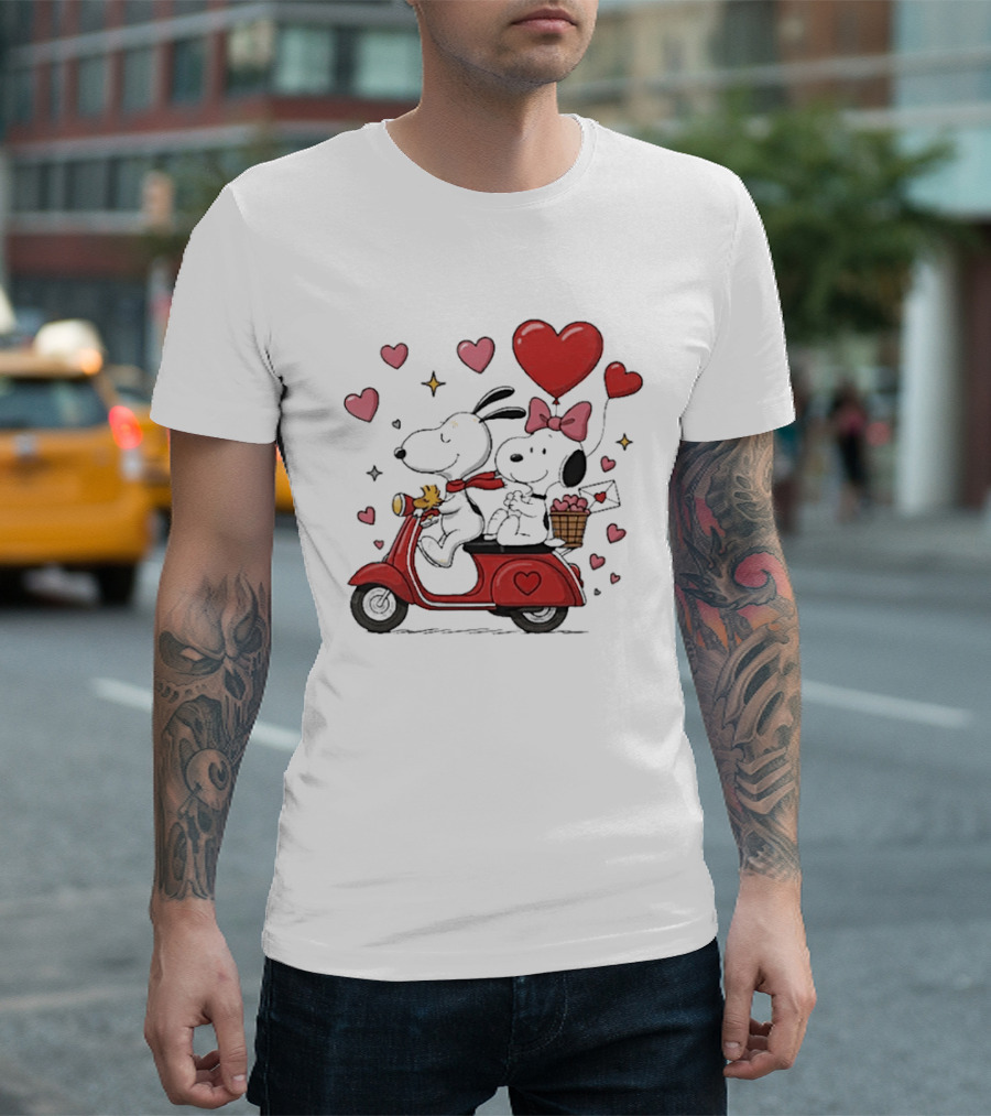 Valentines Day Snoopy Couple Riding Scooter With Hearts And Balloons T-Shirt