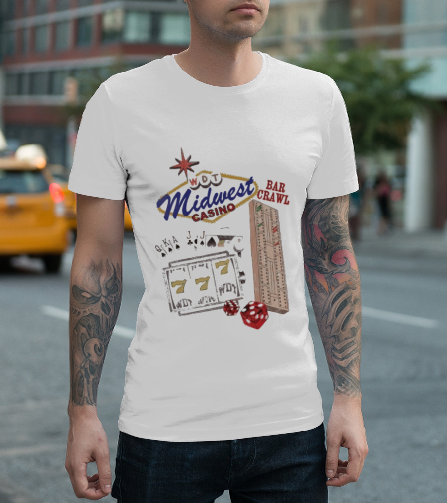 Wisconsin Midwest Casino Bar Crawl Slot Machine Dice Playing Cards Cribbage Board T-Shirt