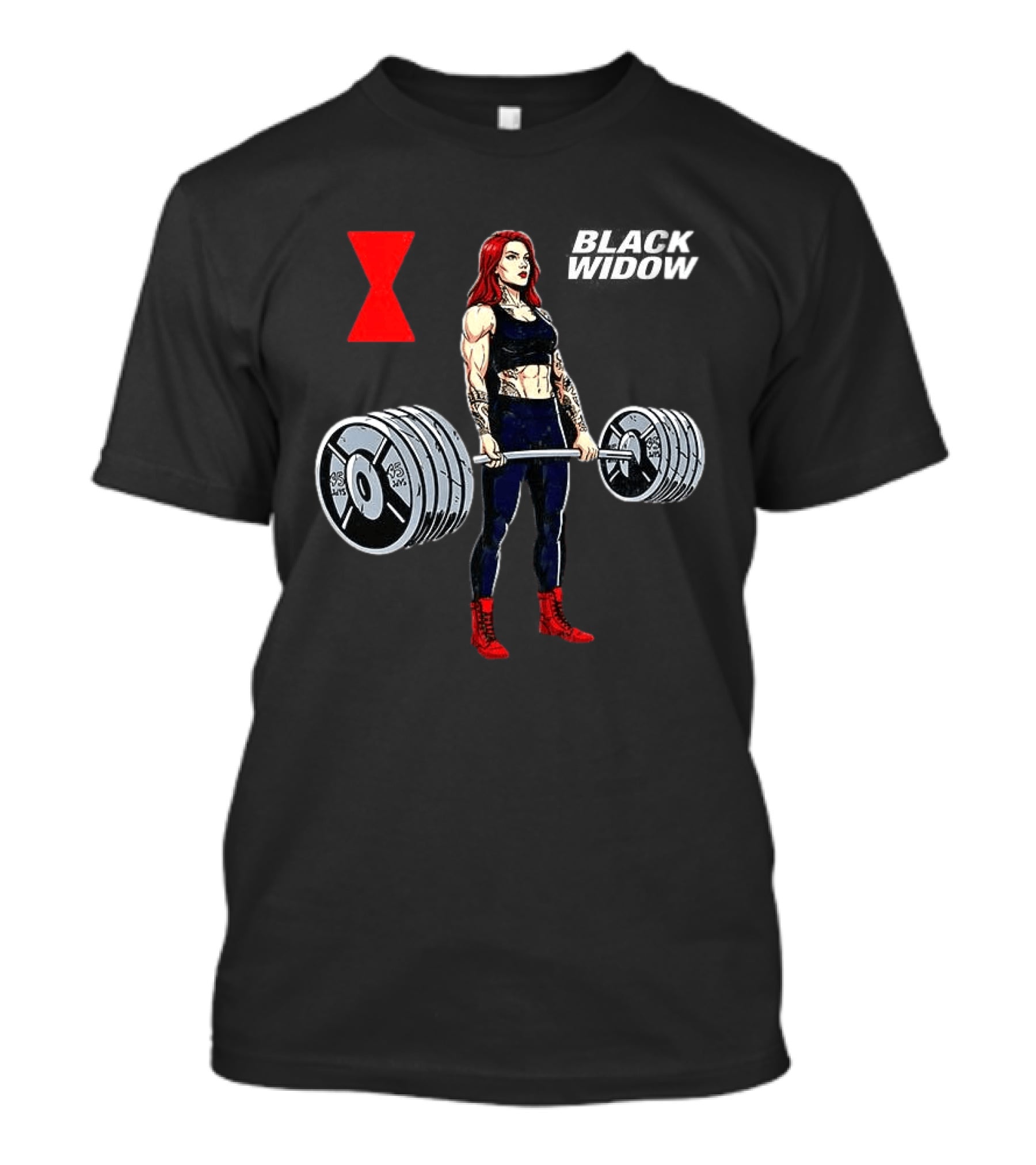 Black Widow Weightlifting Gym Workout Red Hourglass T-Shirt