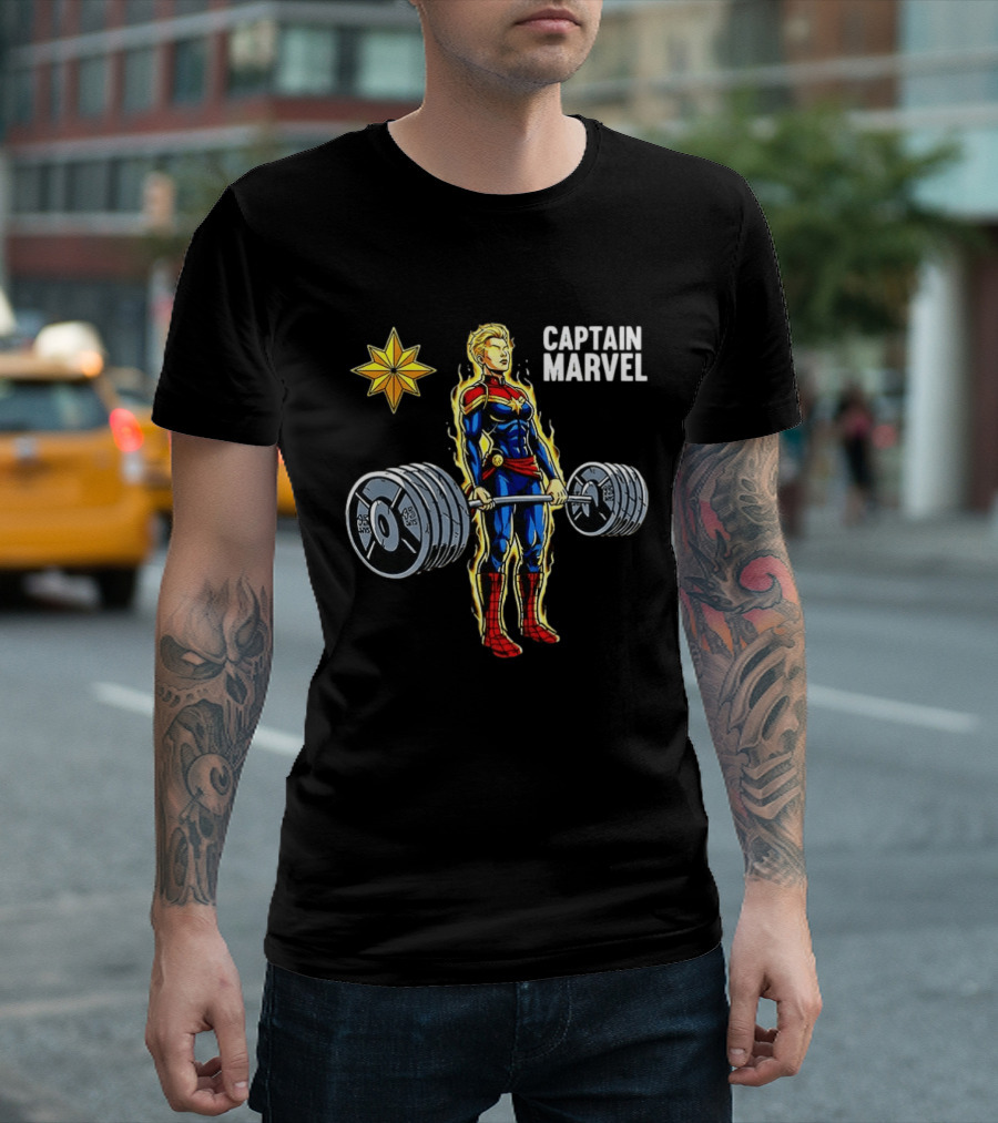 Captain Marvel Lifting Weights Gym Workout Star T-Shirt