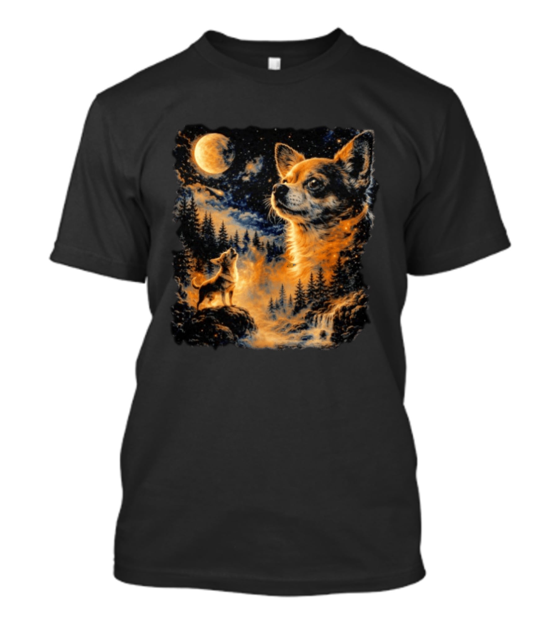 Chihuahua Howling 90s Nostalgia Moonlit Wilderness Scene T-Shirt