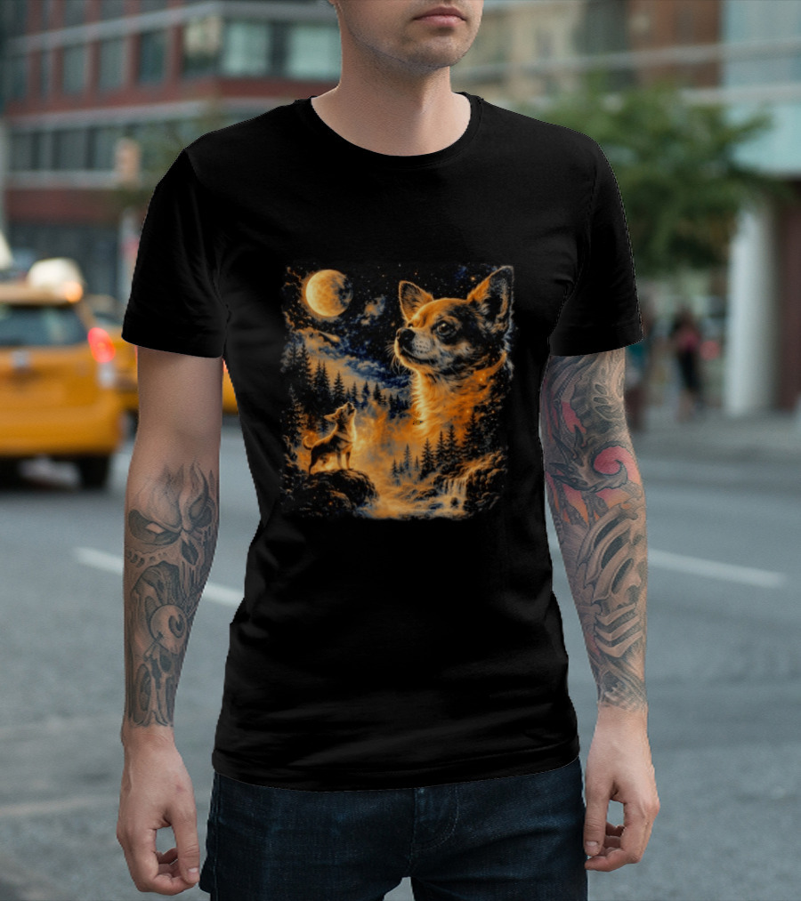 Chihuahua Howling 90s Nostalgia Moonlit Wilderness Scene T-Shirt