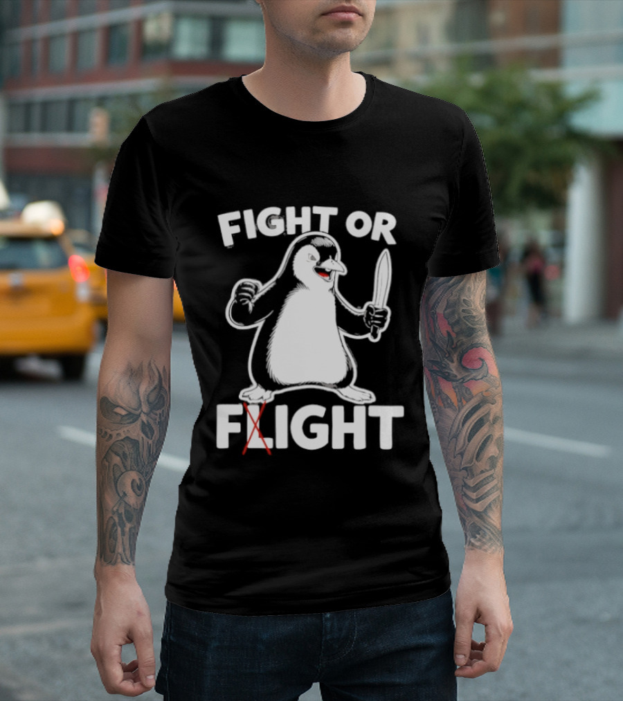 Penguin Holding Knife Fight Or Flight Meme T-Shirt