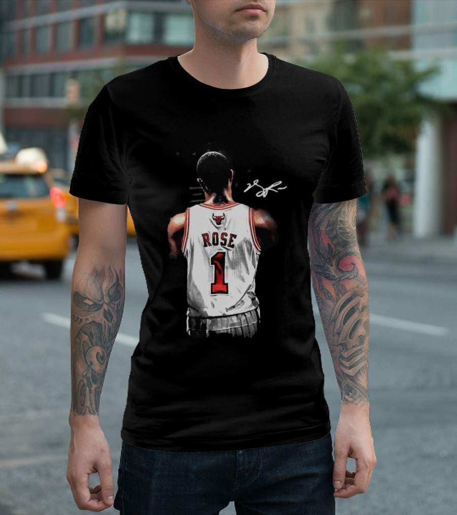 Derrick Rose Chicago Bulls Autographed Jersey Number 1 NBA T-Shirt