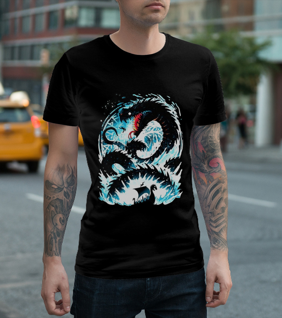 Jörmungandr World Serpent Norse Mythology Viking Ship Ocean Waves T-Shirt