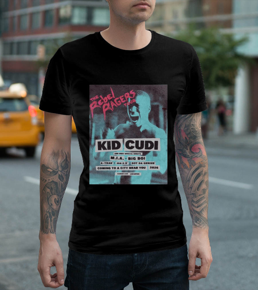 Kid Cudi The Rebel Ragers Tour 2026 Featuring M.I.A. Big Boi A Trak And Dot Da Genius T-Shirt