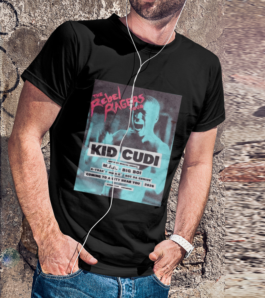 Kid Cudi The Rebel Ragers Tour 2026 Featuring M.I.A. Big Boi A Trak And Dot Da Genius T-Shirt