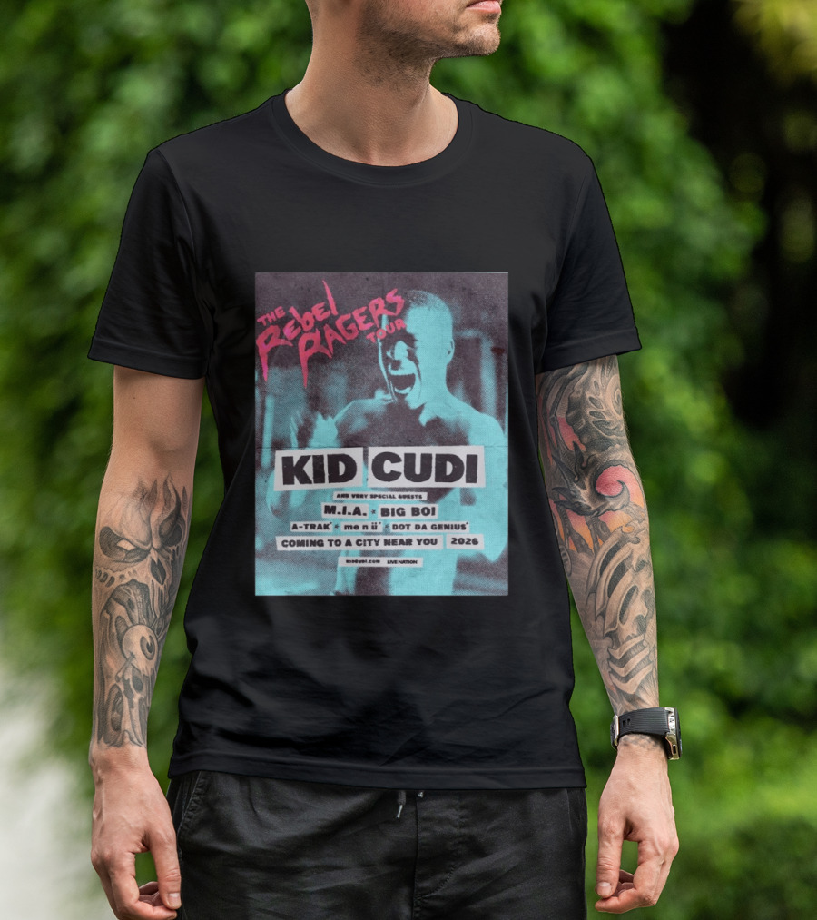 Kid Cudi The Rebel Ragers Tour 2026 Featuring M.I.A. Big Boi A Trak And Dot Da Genius T-Shirt