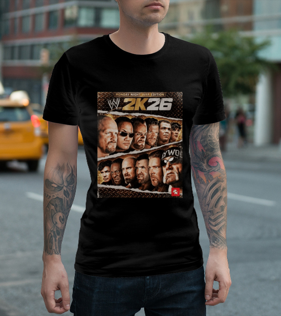 WWE 2K26 Monday Night War Edition Stone Cold Steve Austin Hollywood Hogan The Rock Shawn Michaels Triple H Cover T-Shirt