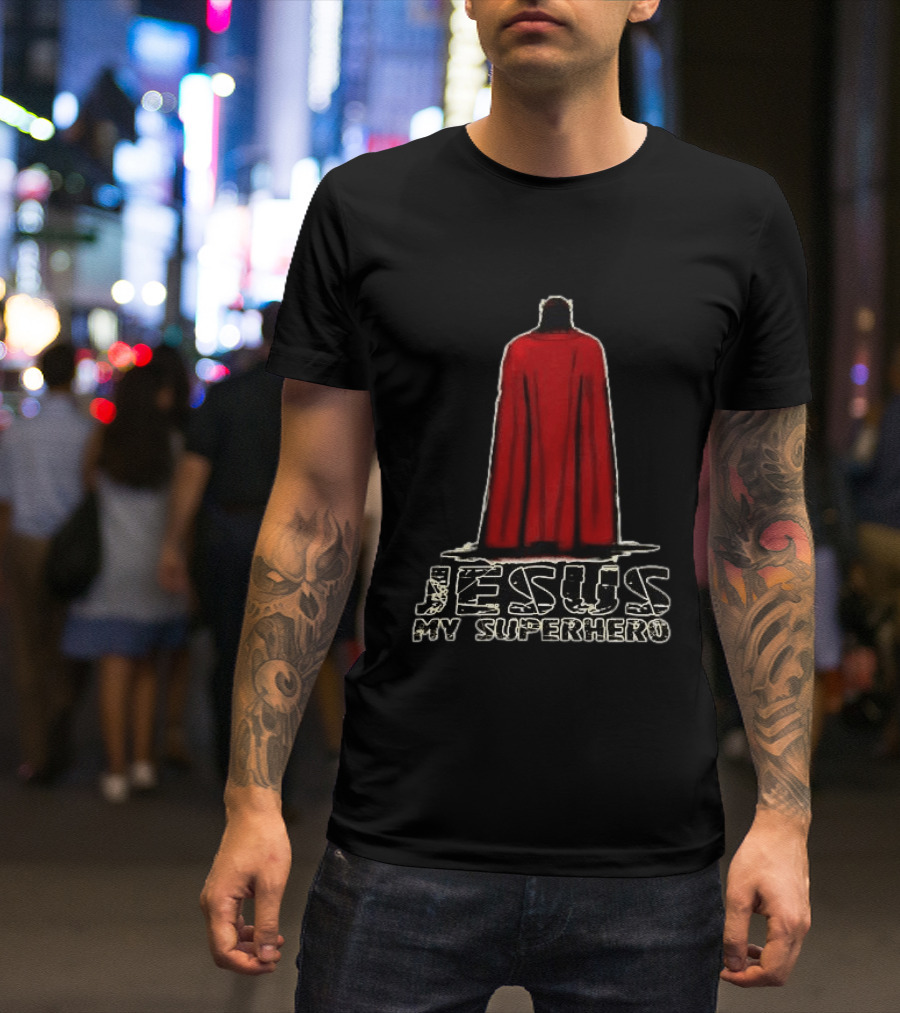 Jesus My Superhero Red Cape Christian Strength T-Shirt
