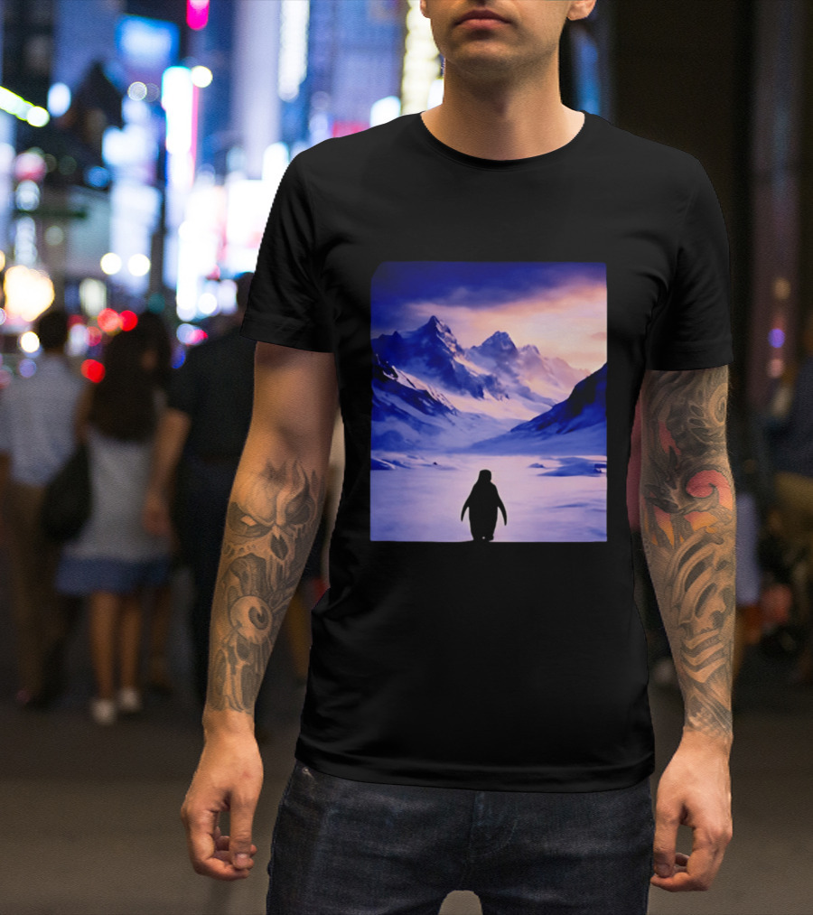 Nihilist Penguin Silhouette In Mountainous Ice Landscape T-Shirt