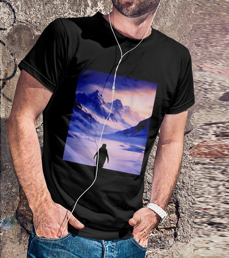 Nihilist Penguin Silhouette In Mountainous Ice Landscape T-Shirt