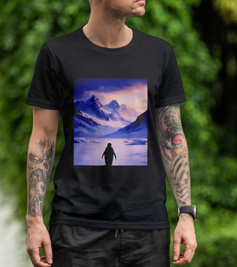 Nihilist Penguin Silhouette In Mountainous Ice Landscape T-Shirt