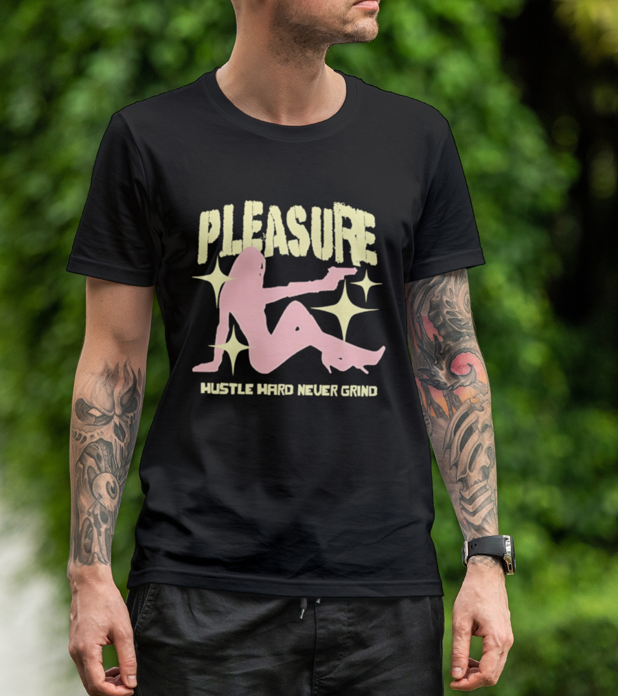 Pleasure Hustle Hard Never Grind Pink Silhouette With Stars T-Shirt