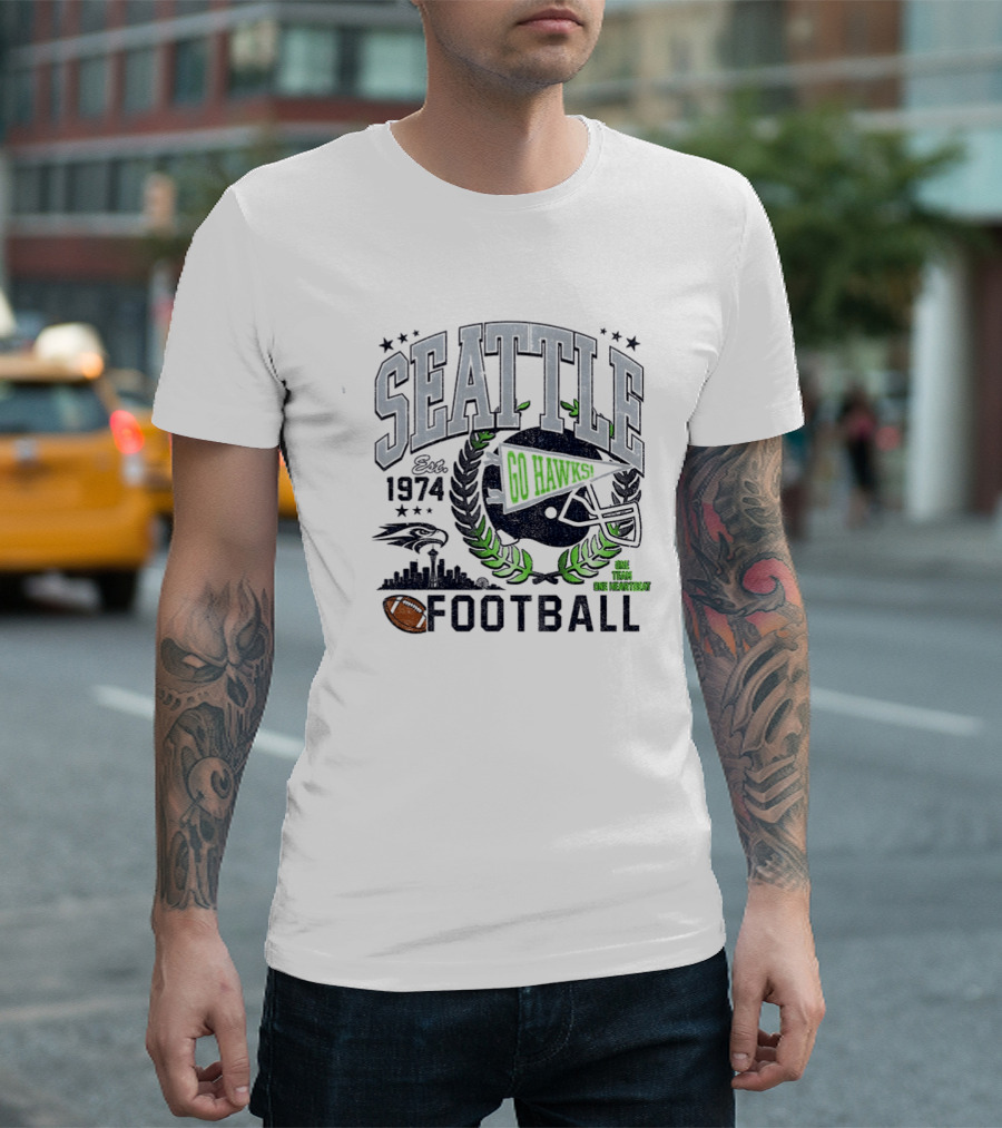 Seattle Football Go Hawks Est 1974 One Team One Heartbeat Helmet Wreath Stars T-Shirt