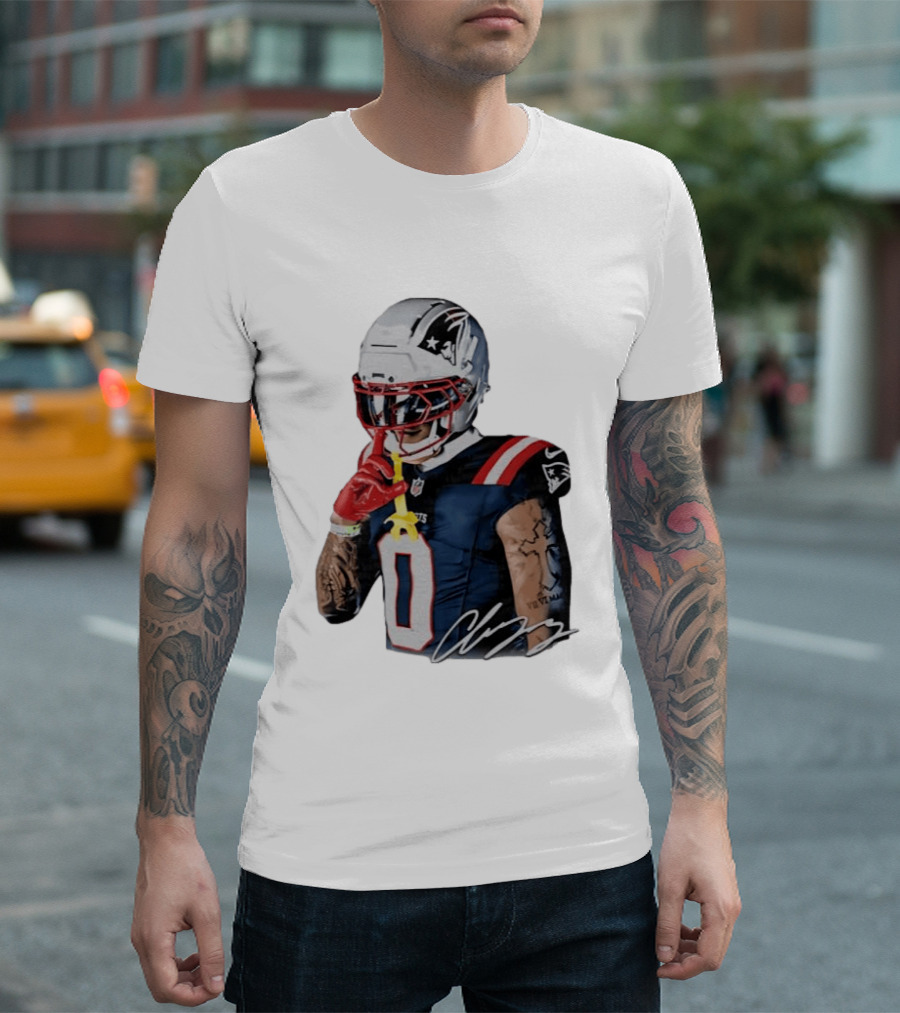 Christian Gonzalez Patriots Number Zero Shh Gesture Helmet Tattoo Football T-Shirt