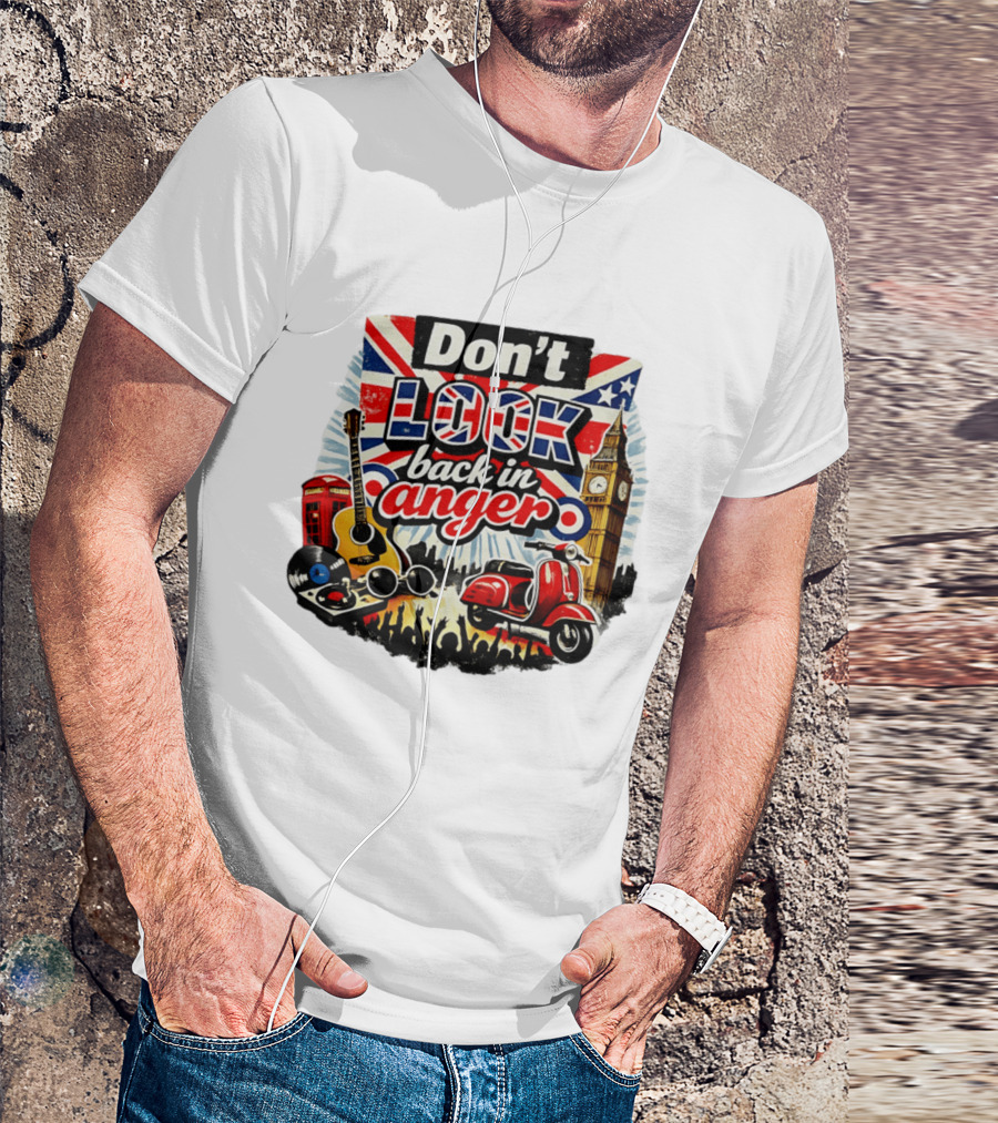 Don't Look Back In Anger UK Flag Vespa Guitar Big Ben Music T-Shirt
