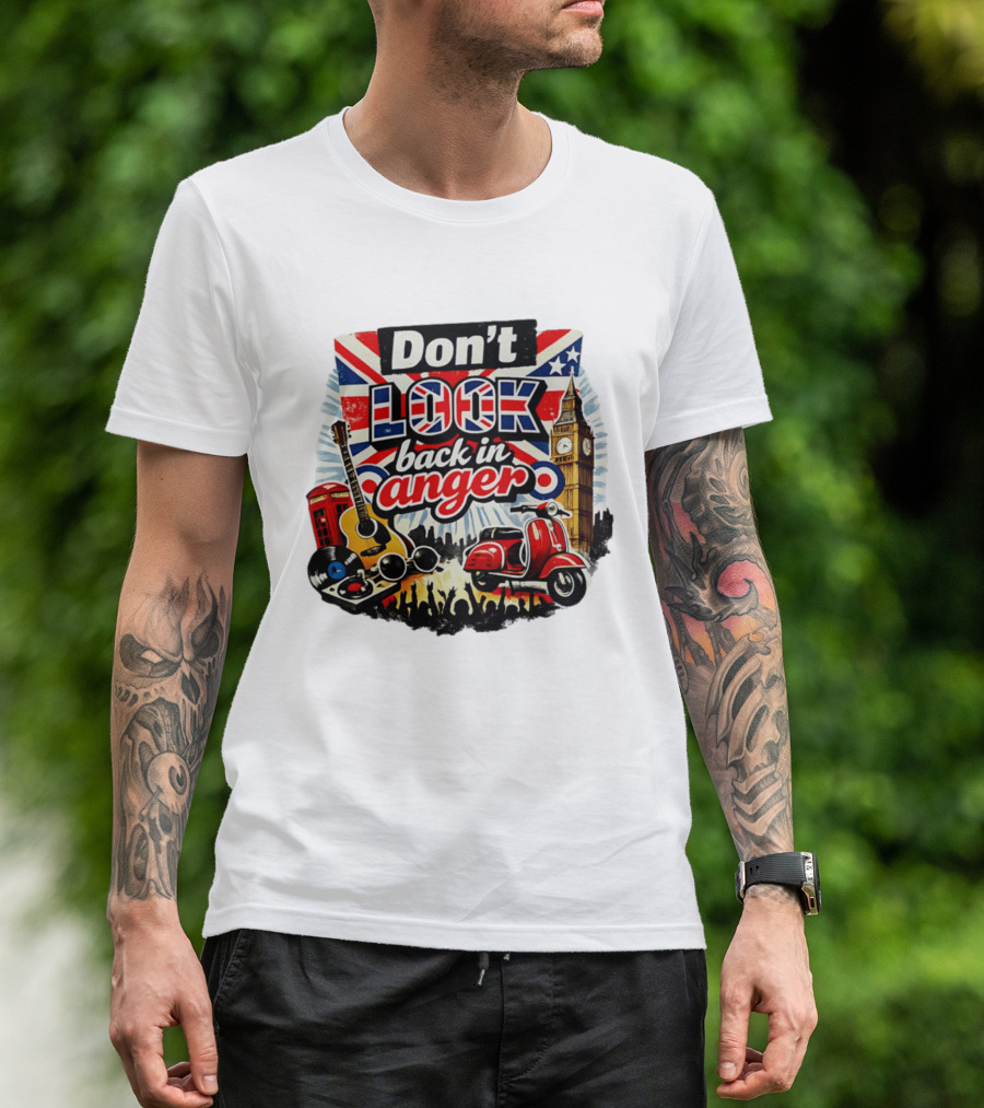 Don't Look Back In Anger UK Flag Vespa Guitar Big Ben Music T-Shirt