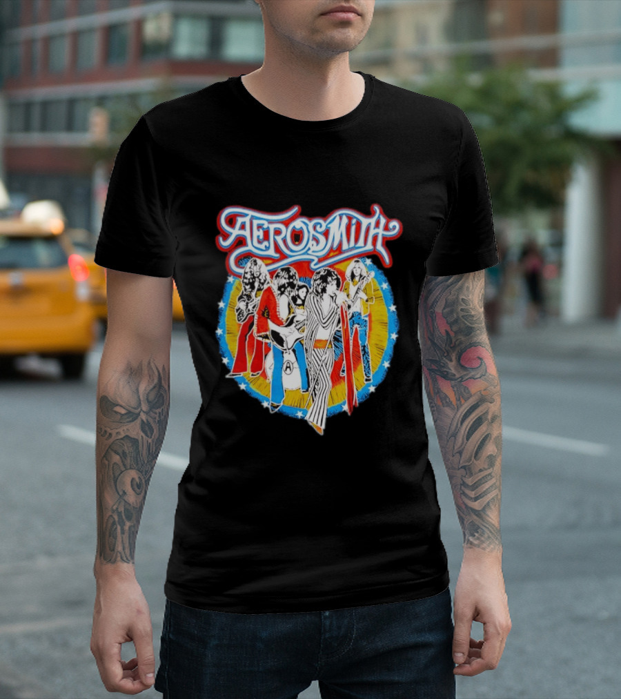 Aerosmith Vintage Band Members Illustration With Stars And Sunburst T-Shirt