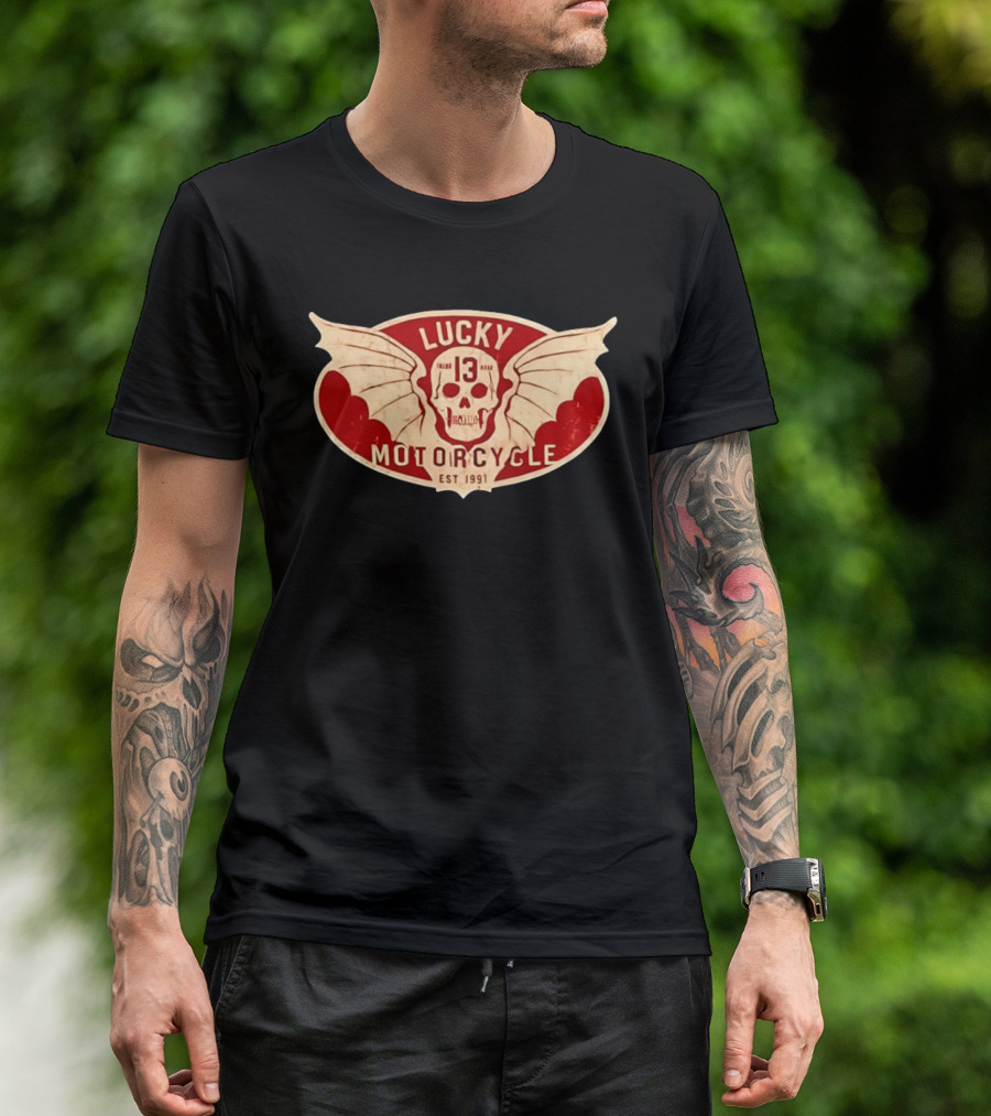 Lucky 13 Motorcycle Winged Skull Est 1991 T-Shirt
