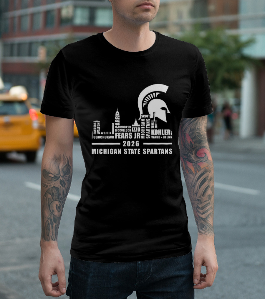 Michigan State Spartans 2026 City Skyline Buildings And Helmet T-Shirt