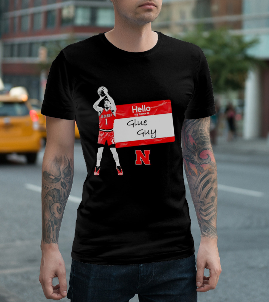Sam Hoiberg Nebraska Cornhuskers Hello My Name Is Glue Guy T-Shirt
