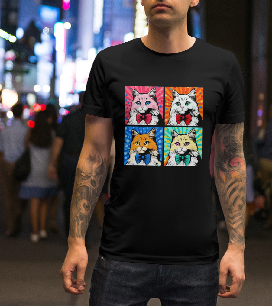 Pop Art Pop Four Panel Colorful Cats Wearing Bowties Kilkennycat T-Shirt