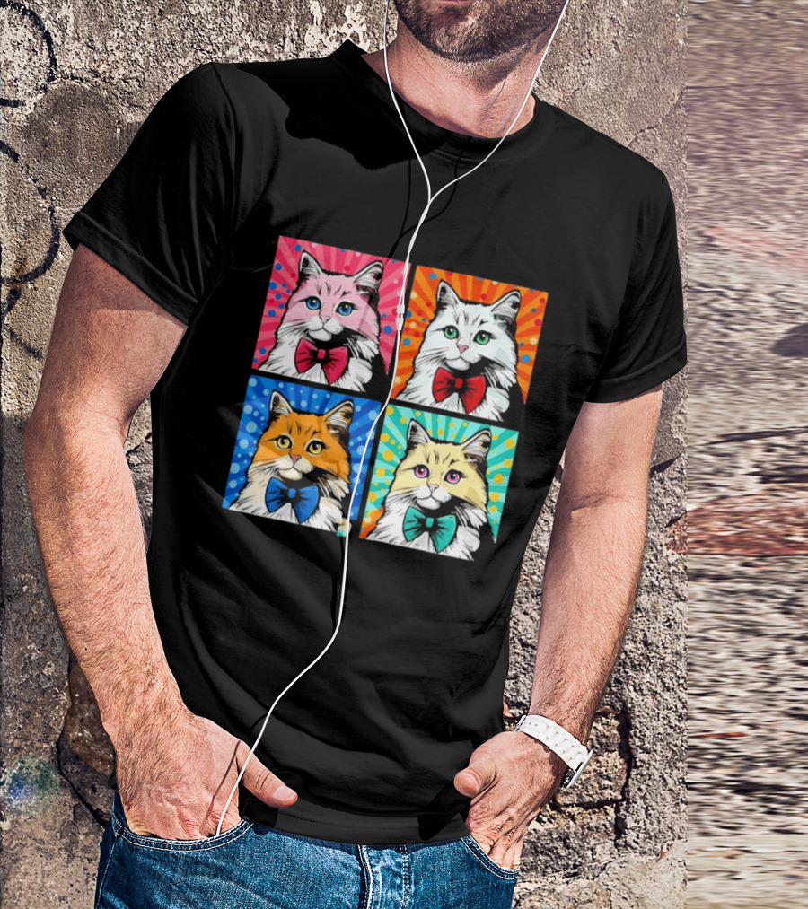 Pop Art Pop Four Panel Colorful Cats Wearing Bowties Kilkennycat T-Shirt